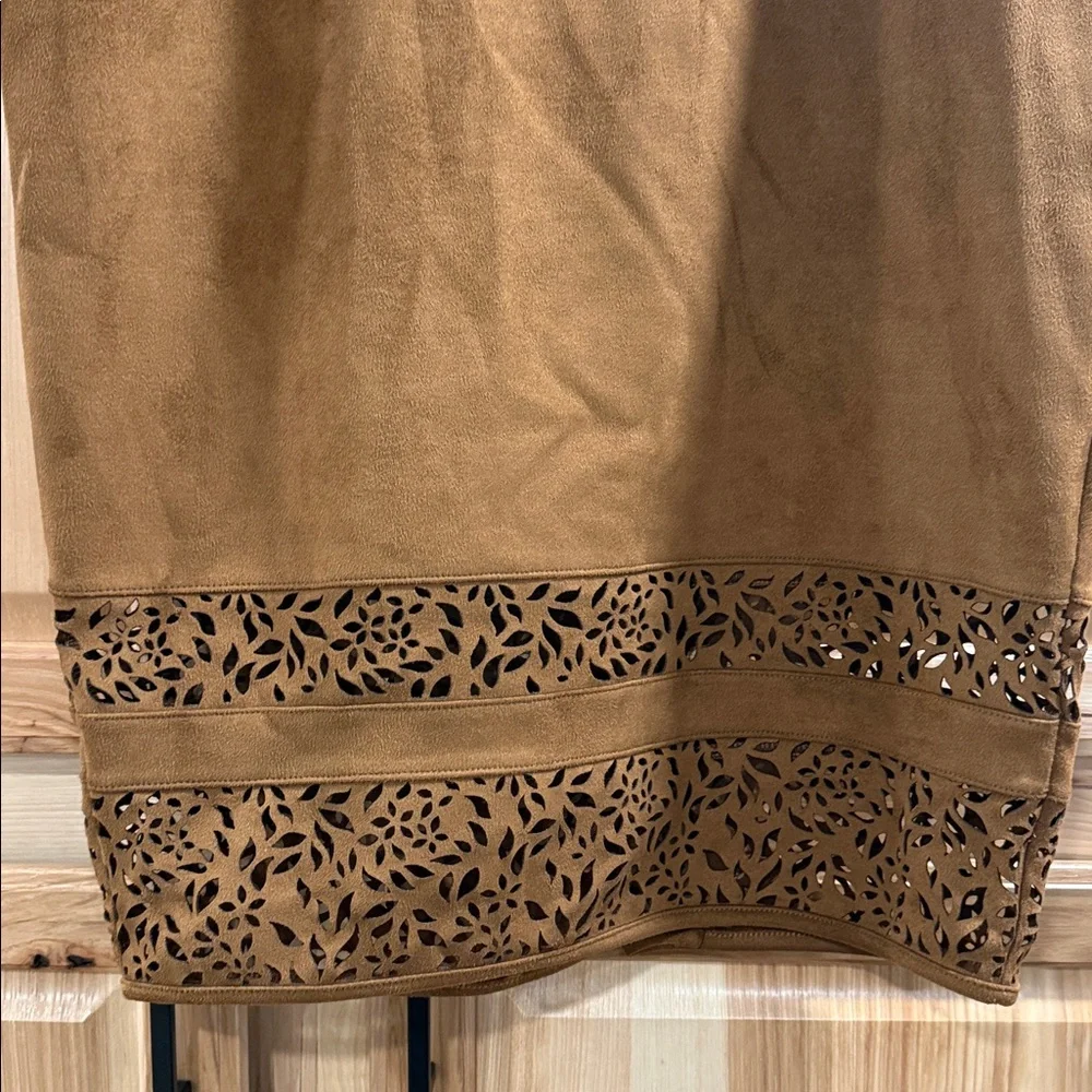 Thalia Sodi Tan Faux Suede Pencil Skirt with Stunning Unique Cutout Hem Size L